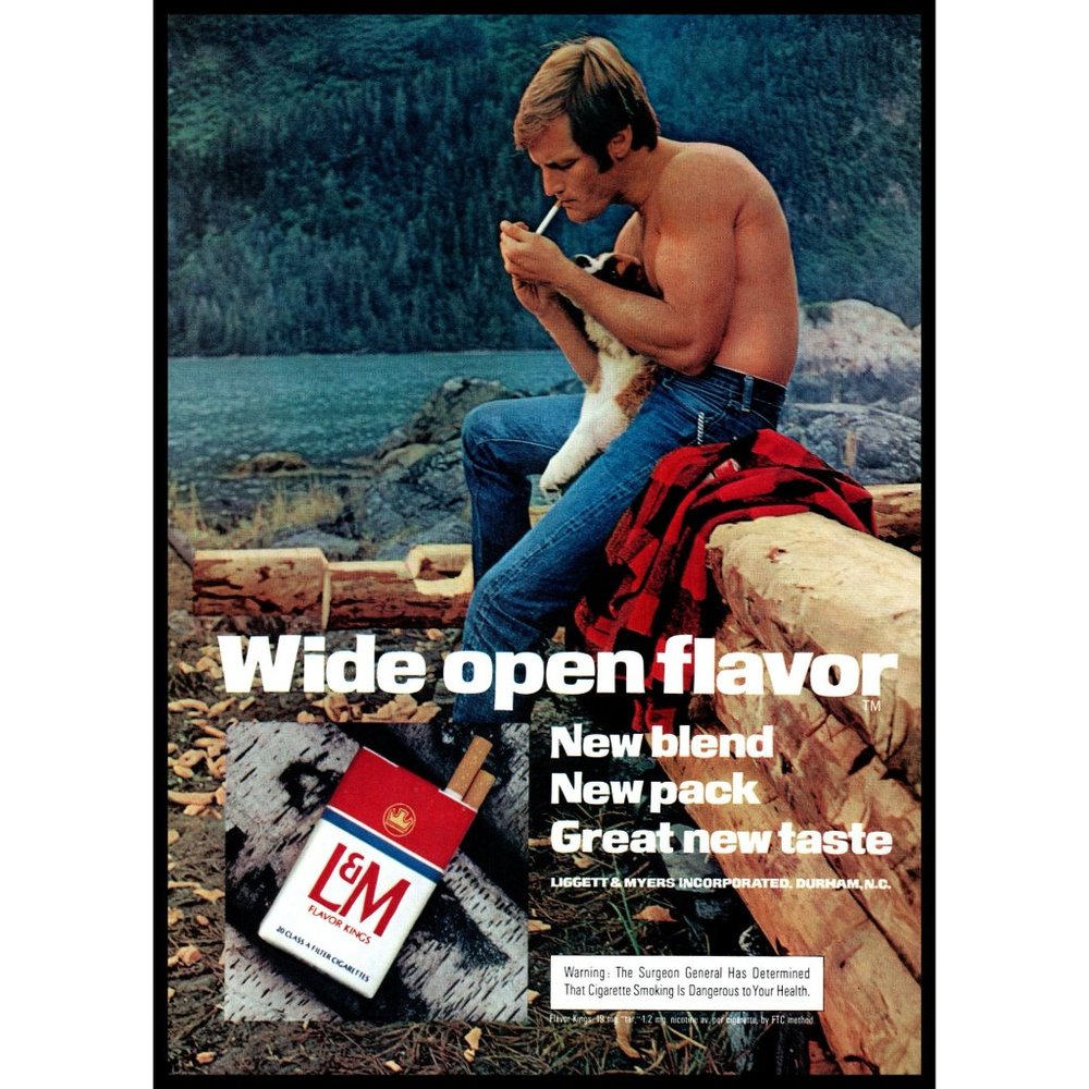 1974 L&M Cigarettes Wide Open Flavor Vintage Print Ad Log Cabin Lake Wall Art